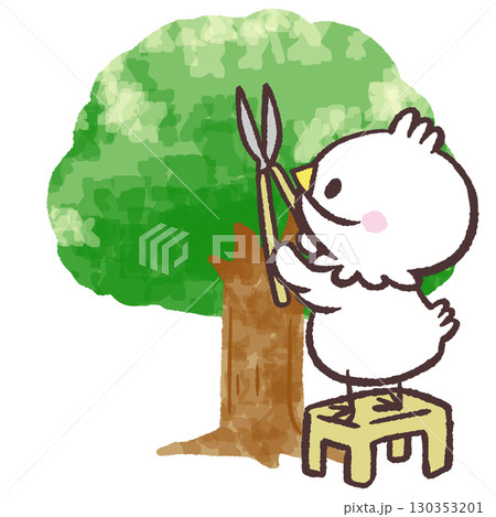 庭木の手入れをする白い鳥のイラスト 130353201