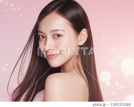 ピンク背景で輝く透明感あふれるアジア人女性の美肌イメージ（美容 SNS 雑誌） 130353268