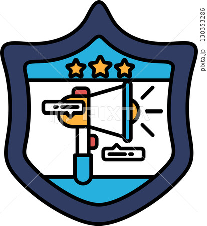 A blue shield with a microphone and three stars on it 130353286