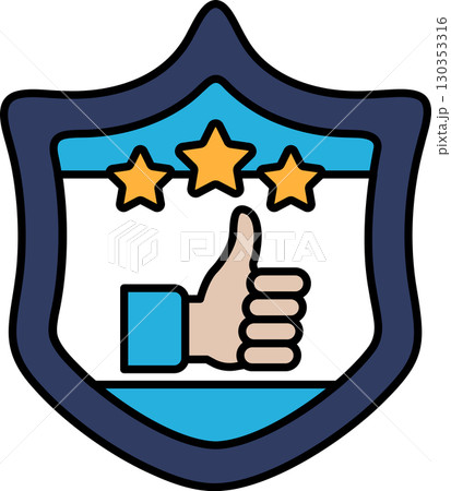 A blue shield with a hand giving a thumbs up and three stars A blue shield with a hand giving a thumbs up and three stars 130353316