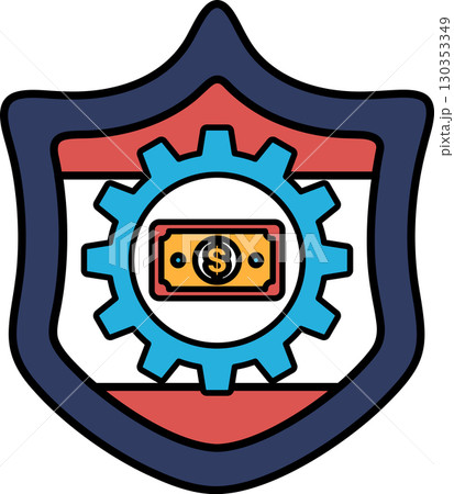 A shield with a gear and a dollar sign on it 130353349