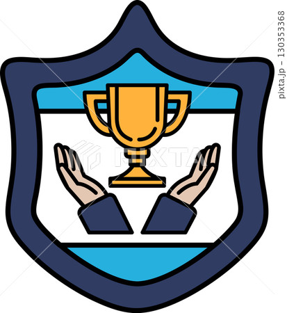 A shield with a trophy and two hands holding it 130353368