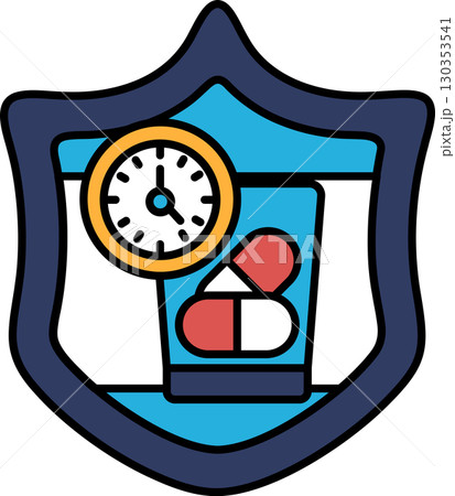 A black and white image of a shield with a clock on it 130353541