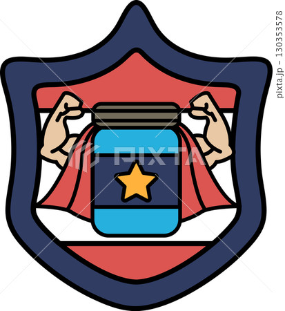 A black and white image of a shield with a jar and a star on it 130353578