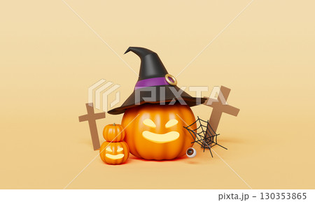 Cute Halloween Pumpkin with Witch Hat. 3D Rendering. 130353865