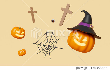 Cute Halloween Pumpkin with Witch Hat. 3D Rendering. Cute Halloween Pumpkin with Witch Hat. 3D Rendering. 130353867