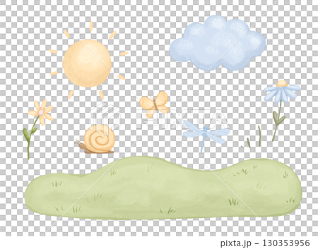 Set of watercolor elements of summer nature, sun, meadow, butterfly and flowers, cute children's drawings on isolated background 130353956
