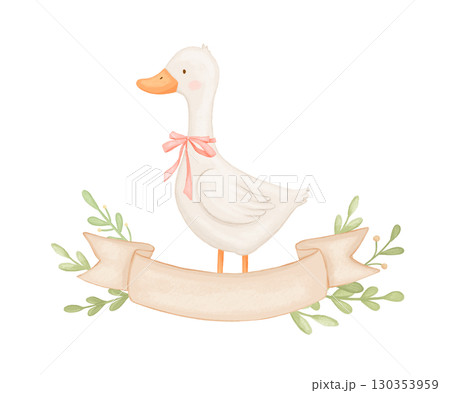 Watercolor cute baby goose with bow and banner for text. Funny bird character on isolated background for card 130353959