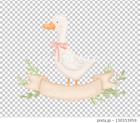 Watercolor cute baby goose with bow and banner for text. Funny bird character on isolated background for card 130353959