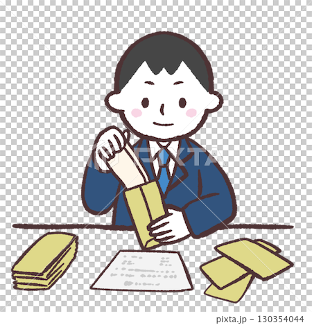 一位男士在包裝上工作的插圖 130354044