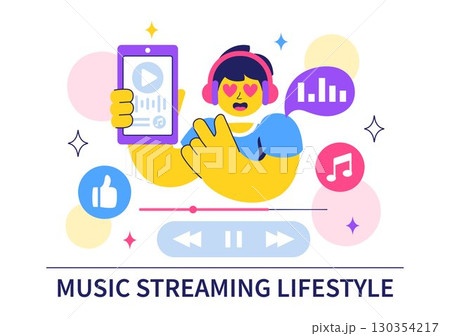 Music Streaming Lifestyle Vector Illustration featuring Entertainment Services from Live Streams to Music Listening in a Flat Style Cartoon Background Music Streaming Lifestyle Vector Illustration featuring Entertainment Services from Live Streams to Music Listening in a Flat Style Cartoon Background 130354217