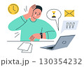 Flat cartoon vector illustration of office worker with deadline anxiety. Man at laptop stressed by urgent project, holding head. Concept of time pressure, workplace stress, business task, burnout 130354232