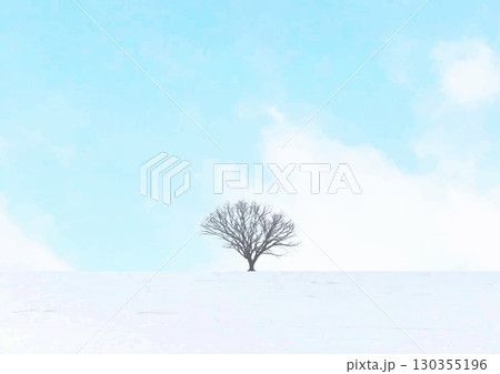 青空をバックに雪原で佇む一本の大木_ベクターイラスト 130355196
