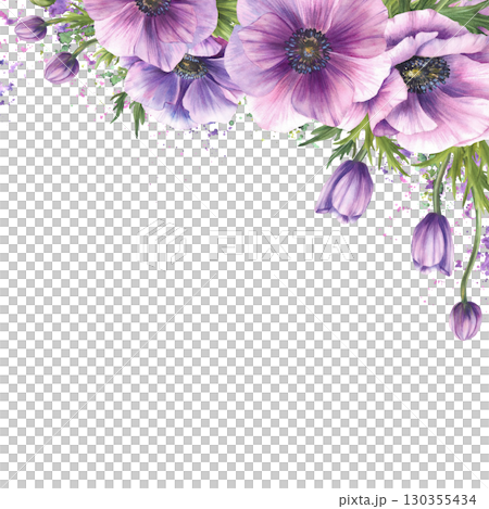 Anemone flowers with pink buds and leaves on watercolor painted purple, green, splashes, spotted background. Isolated corner frame illustration. Windflowers floral template for wedding, greeting card Anemone flowers with pink buds and leaves on watercolor painted purple, green, splashes, spotted background. Isolated corner frame illustration. Windflowers floral template for wedding, greeting card 130355434