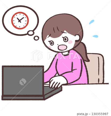 時間に追われながらパソコンする女性のイラスト 130355997