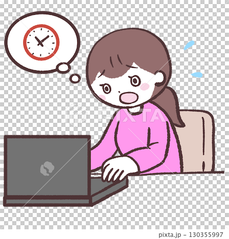 時間に追われながらパソコンする女性のイラスト 130355997