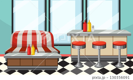 Retro Diner Interior with Checkered Floor 130356091