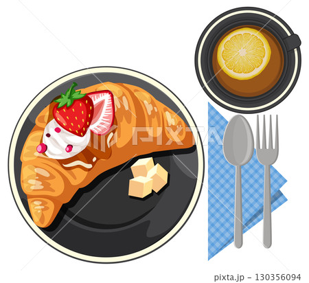 Croissant with Strawberry Cream and Lemon Tea Breakfast 130356094