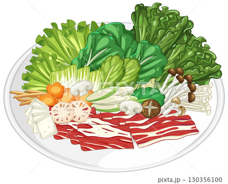 Colorful Asian Cuisine Vector Illustration on Plate 130356100