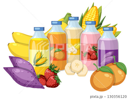 Assorted Fruit Juice Bottles with Fresh Produce Assorted Fruit Juice Bottles with Fresh Produce 130356120