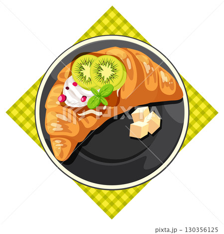 Croissant with Kiwi Fruit and Whipped Cream on Plate 130356125