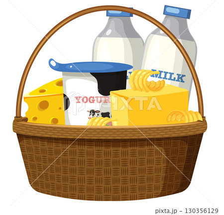 Basket Filled With Dairy Products and Bottled Milk 130356129