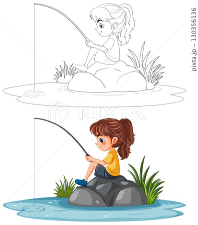 Girl Fishing by the Lakeside 130356136