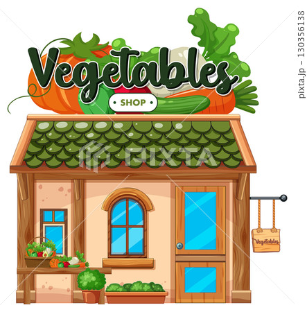 Small Vegetable Shop Storefront with Fresh Produce Sign 130356138