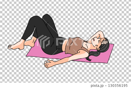 Illustration of a tired woman sweating on a yoga mat Illustration of a tired woman sweating on a yoga mat 130356195