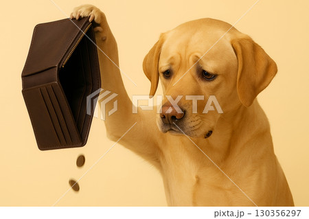 空の財布を振り小銭が落ちる犬　お金がない・金欠のイメージ 130356297