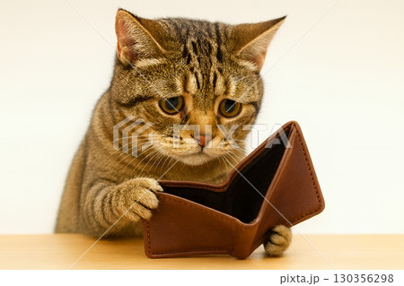 空の財布を見つめる猫　お金がない・金欠のイメージ 130356298