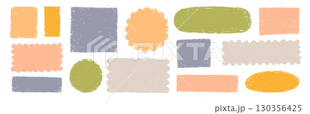 Doodle brush crayon shape frame set. Hand drawn paint box, circle border label, pastel text frame in rough chalk brush texture. Cute color scribble square, round shape background. Vector 130356425