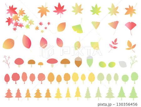 秋をイメージしたイラストセット　アイコン　紅葉　青もみじ　イチョウ　葉っぱ　きのこ	 130356456
