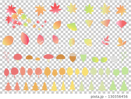 Autumn-themed illustration set: icons of autumn leaves, green maples, ginkgo leaves, mushrooms 130356456