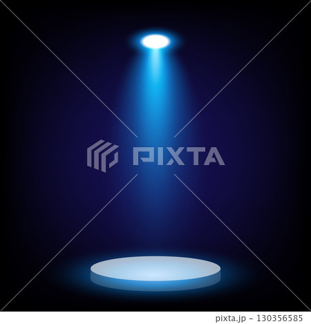 Isolated top down blue spotlight and podium with shadow on black background 130356585