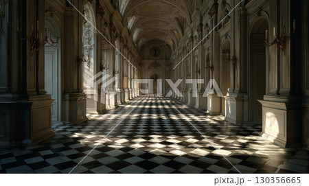 Grand corridor with black and white checkered floor and ornate columns bathed in soft natural light creating serene and majestic atmosphere 130356665