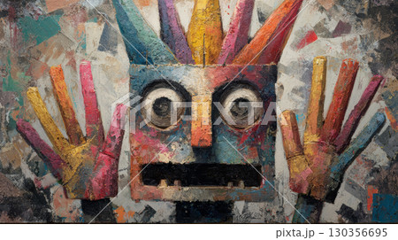 Colorful abstract face sculpture with raised hands and textured paint, expressing surprise and vibrant artistic style on rough surface 130356695