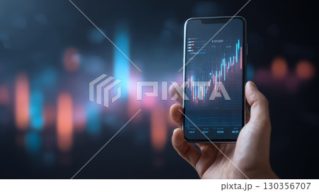 Stock market graph on smartphone screen held by hand with blurred financial data background, showing digital trading and investment growth Stock market graph on smartphone screen held by hand with blurred financial data background, showing digital trading and investment growth 130356707