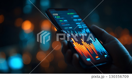 Stock market graph smartphone screen financial data hand holding phone digital chart investment analysis business technology mobile device trading 130356709