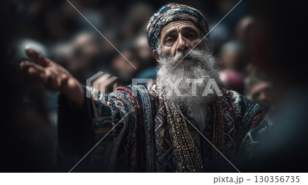 Elderly man with long white beard wearing traditional patterned robe and headwear, extending hand in crowded setting with blurred background Elderly man with long white beard wearing traditional patterned robe and headwear, extending hand in crowded setting with blurred background 130356735
