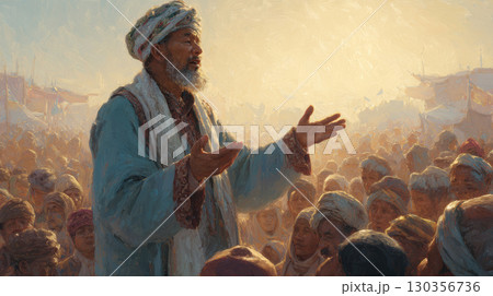 Man in traditional clothing speaking to crowd in warm light, expressing passion and wisdom in historical or cultural setting Man in traditional clothing speaking to crowd in warm light, expressing passion and wisdom in historical or cultural setting 130356736