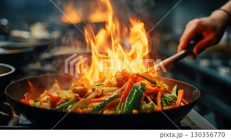 Stir fry cooking with vibrant vegetables and chicken in hot pan with flames, creating lively and appetizing kitchen scene 130356770
