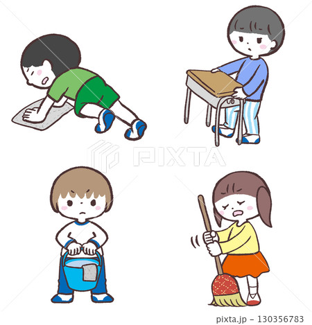 嫌々掃除をする子供のイラストセット 130356783