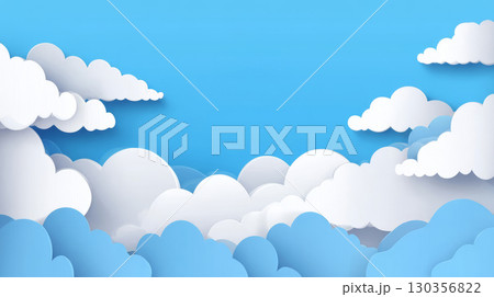 Soft white and blue clouds float in bright blue sky, creating calm and peaceful atmosphere with layered shapes and gentle shadows 130356822