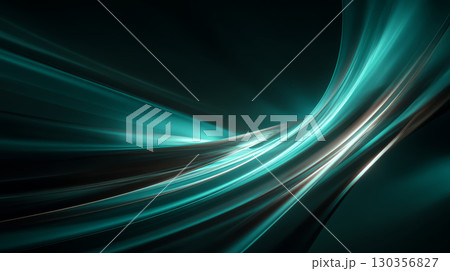 Abstract light flow with smooth turquoise and silver curves creating dynamic and futuristic glowing effect in dark background 130356827