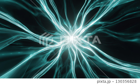 Electric blue light beams radiate dynamically from bright center, creating energetic and futuristic visual effect in dark space 130356828
