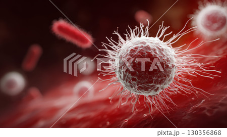 Immune cell with spiky surface in red blood environment, microscopic view showing infection and biological defense system activity Immune cell with spiky surface in red blood environment, microscopic view showing infection and biological defense system activity 130356868