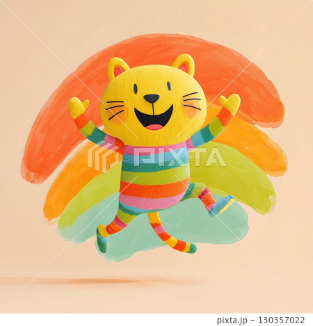 Happy Colorful Striped Cat Leaping 130357022