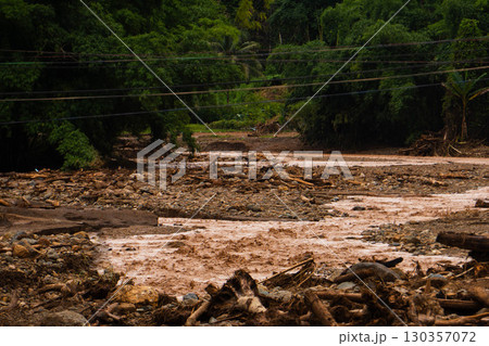 Flood Aftermath with Muddy Water and Debris Blocking Rural Area 130357072