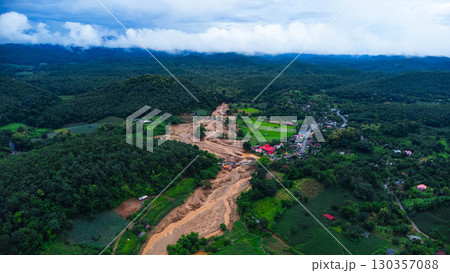 Aerial View of Flooded Farmland and Village Landscape Aerial View of Flooded Farmland and Village Landscape 130357088